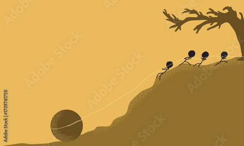 A Minimalist Illustration of Group of People Work Together to Pull a Giant Ball Up a Cliff Using a Rope.