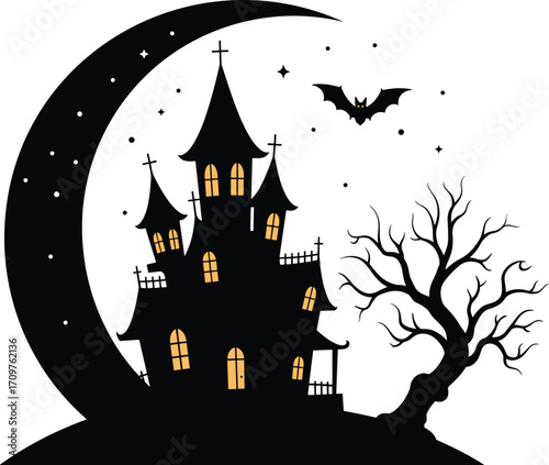 Spooky Halloween haunted house with glowing windows, crescent moon, flying bat, bare tree, stars, eerie night, creepy vector illustration