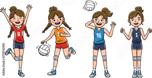 Cartoon volleyball girls in uniforms with knee pads, animated poses, teamwork, sports action, expressive movement, athletic illustration