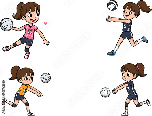 Cartoon volleyball girls in uniforms with knee pads, animated poses, teamwork, sports action, expressive movement, athletic illustration