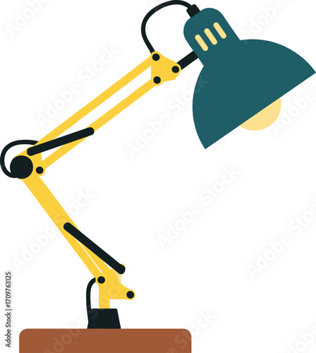 Adjustable yellow and teal desk lamp with wooden base, modern design, office lighting, workspace accessory, flexible arm, and energy-efficient bulb.
