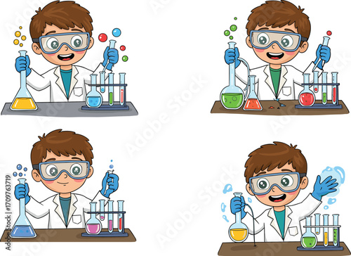 Cartoon young scientist in lab coat with goggles, conducting experiments, colorful liquids, expressive poses