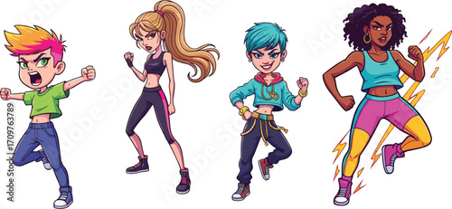 Diverse animated fighters in action poses, vibrant character design, energetic stance, modern streetwear, powerful expressions, youth strength, individuality, dynamic illustration