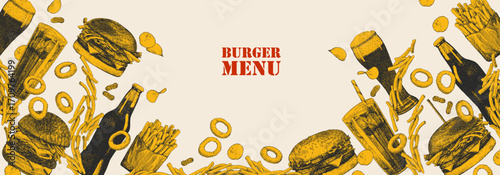 Burger Menu. Hand-drawn illustration of dishes and products. Ink. Vector	