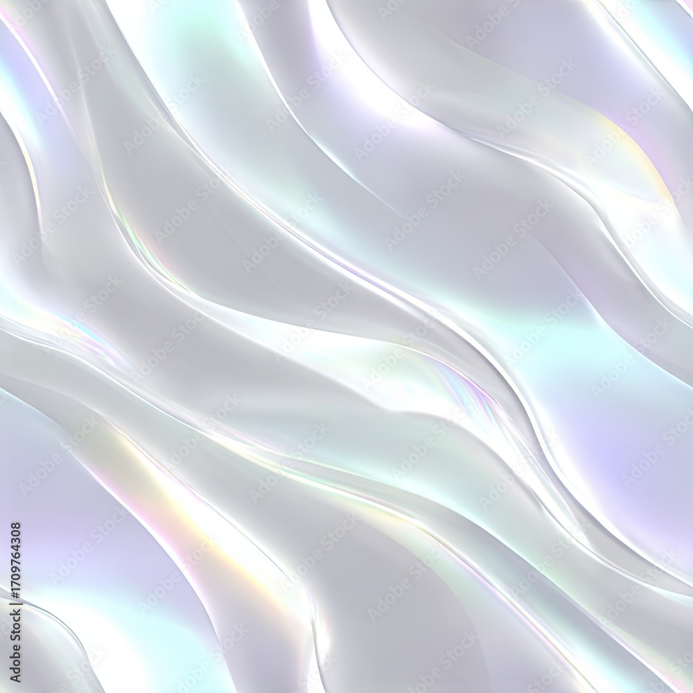 Obraz premium Abstract white wavy background with iridescent holographic colors. Ethereal fluid dynamic texture with soft light reflection for modern graphic design.