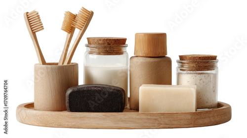 Wooden tray holds natural toothbrushes, soaps, and jars