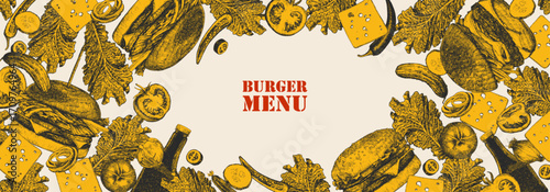 Burger Menu. Hand-drawn illustration of dishes and products. Ink. Vector	