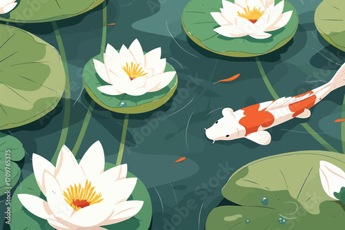 Koi Pond With Blooming Water Lilies beauty isolated