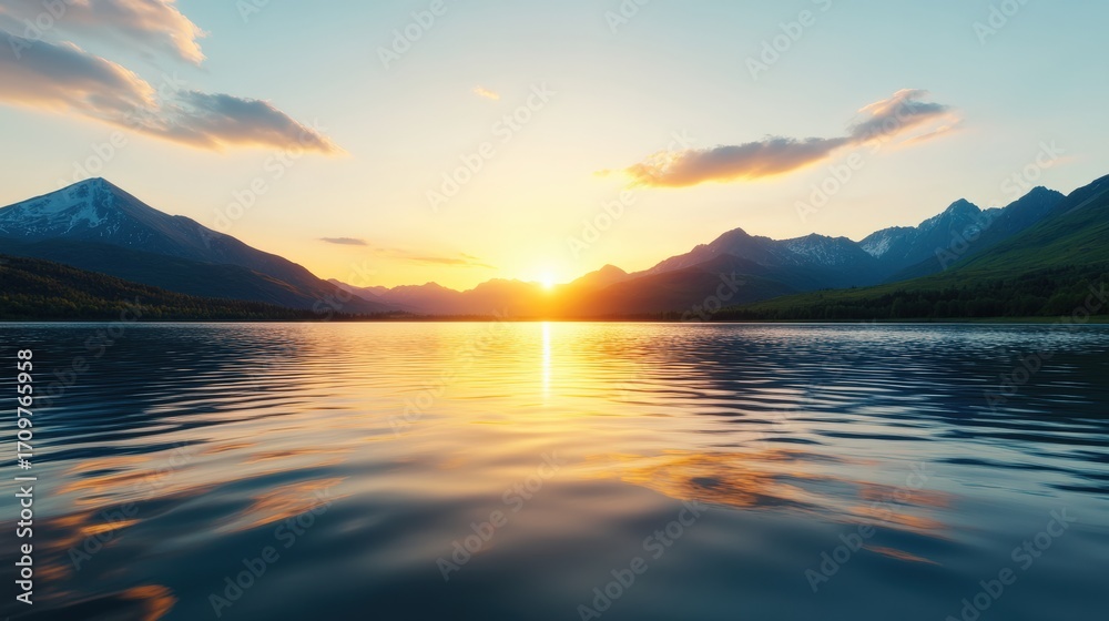 Fototapeta premium Golden hour sunlight shimmering on the calm surface of a lake, framed by majestic mountains and lush forests in the background