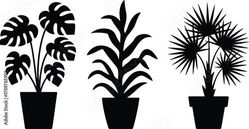 Potted plant silhouettes, vector houseplant icons, indoor plant clipart set, tropical leaf design, botanical outline art, plant illustration pack, home decor graphic collection