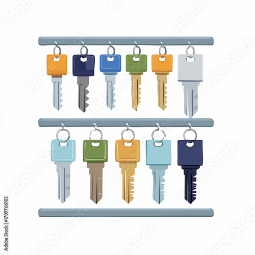 Various key blanks set. Apartment, home, car and other keys on keyholders. Locksmith service concept. Vector illustration.