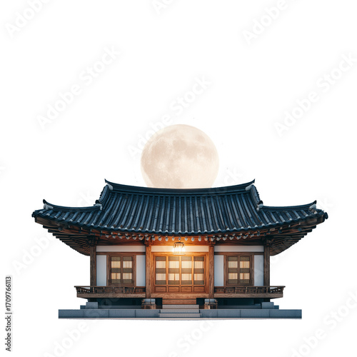A traditional Korean hanok house with a bright full moon above