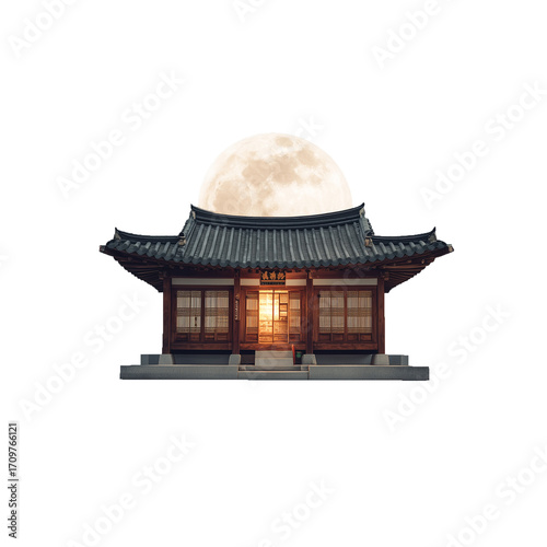 A traditional Korean hanok house with a bright full moon above