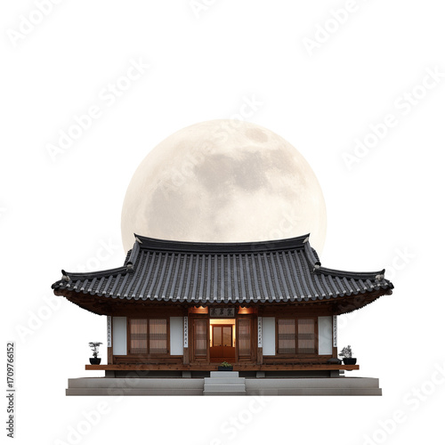 A traditional Korean hanok house with a bright full moon above