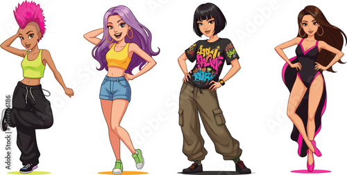 Stylish animated female characters, diverse fashion styles, expressive poses, urban streetwear, bold colors, individuality, attitude, modern youth illustration, trendy character design