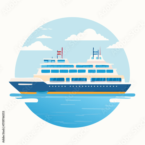 Flat illustration of a cruise ship sailing on the ocean for a summer vacation