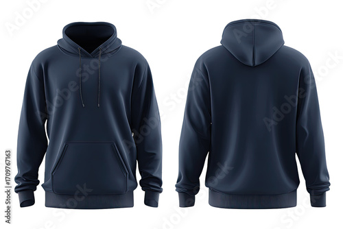 Navy blue hoodie, front and back view