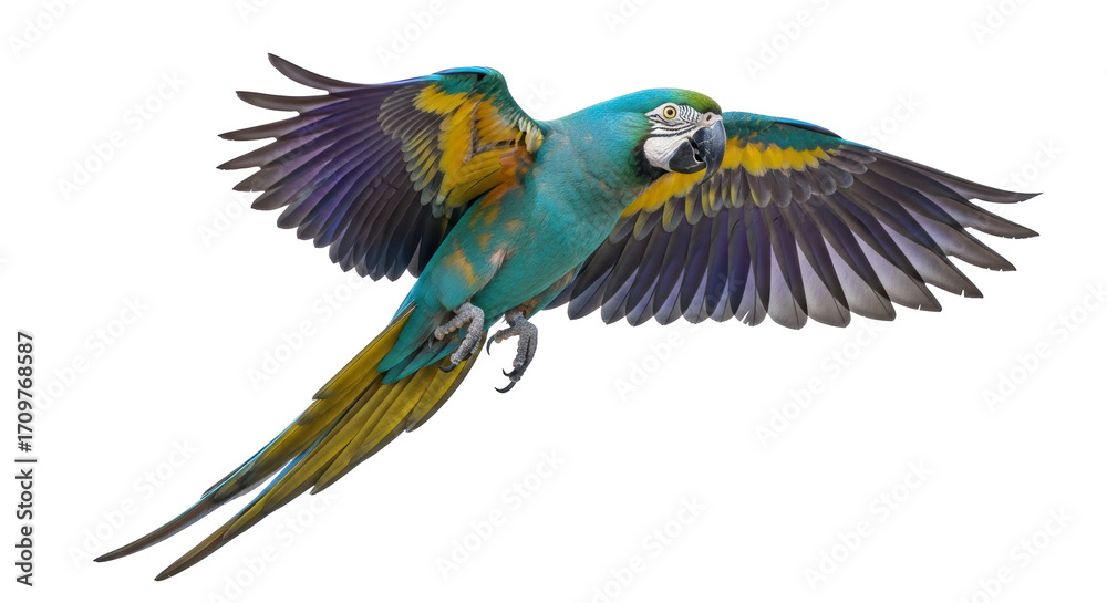 Fototapeta premium Isolated macaw parrot mid-flight showing off vivid blue yellow plumage wings extended gracefully
