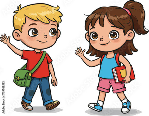 Cartoon boy and girl waving, holding school bag and books, smiling kids going to school, vector illustration for educational content