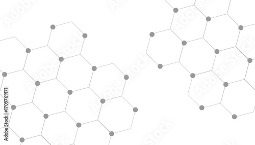 Hexagons pattern on gray background. Genetic research, molecular structure. Chemical engineering. Concept of innovation technology. Used for design healthcare, science and medicine background