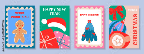 Collection of festive creative fashionable cards for Christmas and New Year. Set of cards with gingerbread man, gifts, Christmas tree and winter decorations.