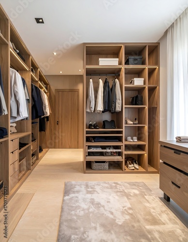 Modern walk-in closet with light wood tones