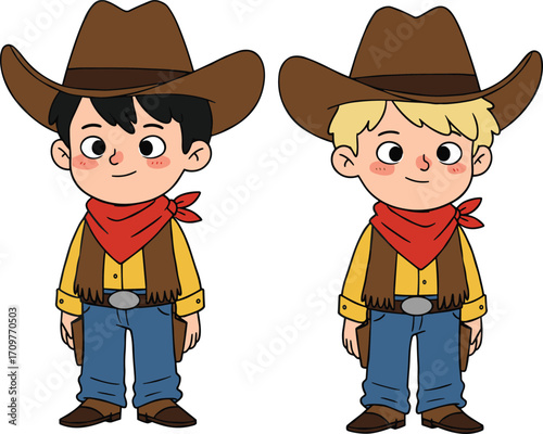 Cartoon two cute boys dressed as cowboys with hats and bandanas, western outfit costume design for kids vector illustration