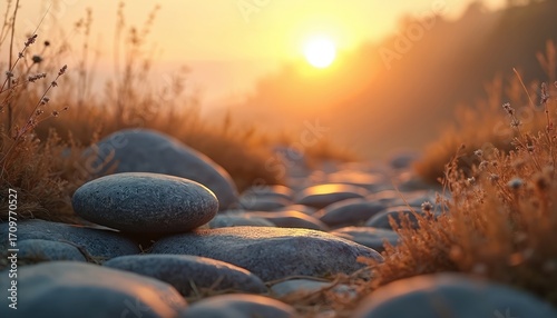 Smooth stones line a path catching golden sunrise light. Nature scene evokes peace, serenity. Ideal for meditation, spa, zen themes. Background shows blurred grassy hills, soft glow.