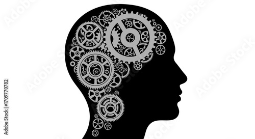 Silhouette of a human head filled with intricate gears, symbolizing thought and intelligence.