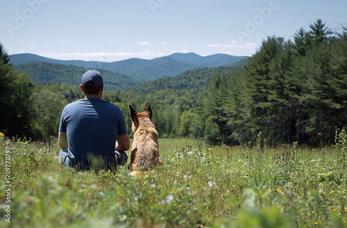 Wallpaper Mural Man and dog gazing at majestic mountains amidst serene meadow landscape Torontodigital.ca