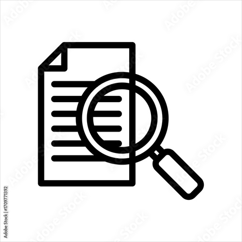 Line icon of a magnifying glass over a document, symbolizing search, data analysis, and information review