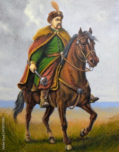 Ukrainian Hetman, Cossack, on a horse in the steppe, horse in the field, paintings, fine art