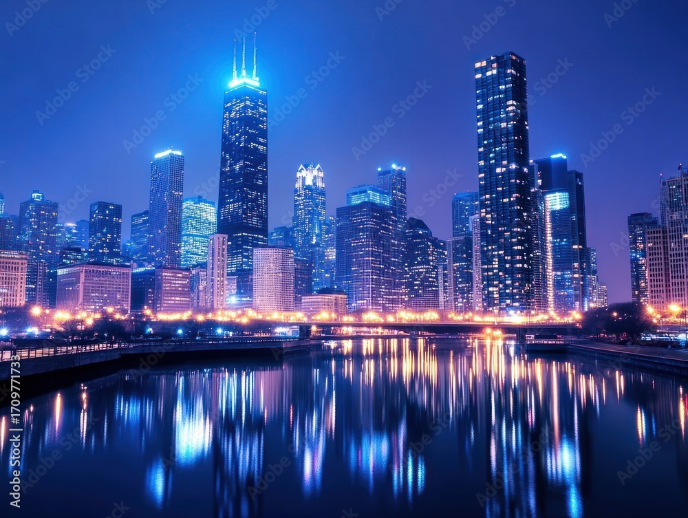 Fototapeta premium Illuminated city skyline at night, reflecting in calm water