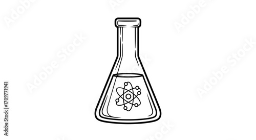Scientific beaker with atom symbol representing research and discovery