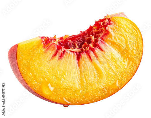  Juicy Peach Slice with Water Droplets – PNG Illustration