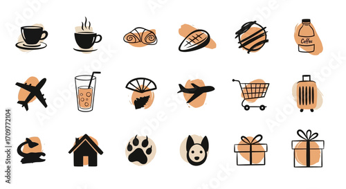 Collection of hand-drawn icons representing food, travel, lifestyle, and various other elements.