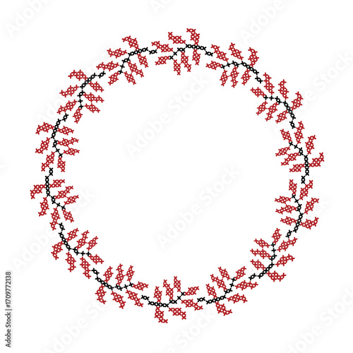 Decorative round pattern in folk style with leaves in red and black 
