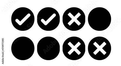 Set of black circular icons with white checkmarks and crosses for approval and rejection