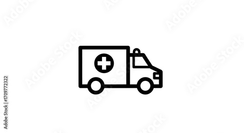 Simple line illustration of an ambulance with a cross symbol, representing emergency medical services.