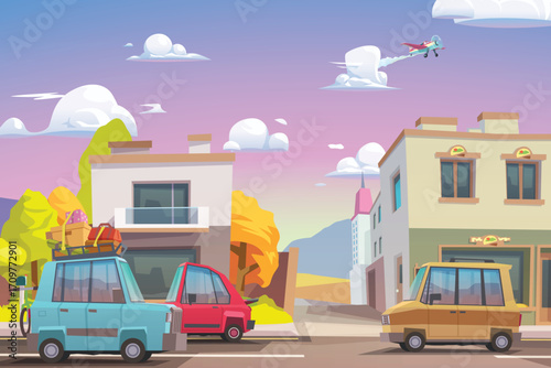Colorful city street with cars and airplane