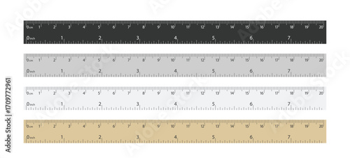 different material measuring rulers isolated in set