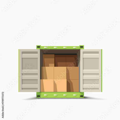 full of carton boxes green cargo container