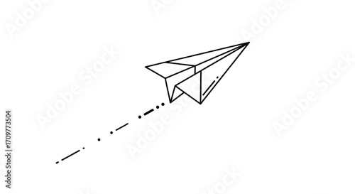 Simple paper airplane soaring with dashed line trail against white background