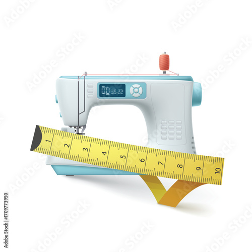 sewing machine with measure tape on white