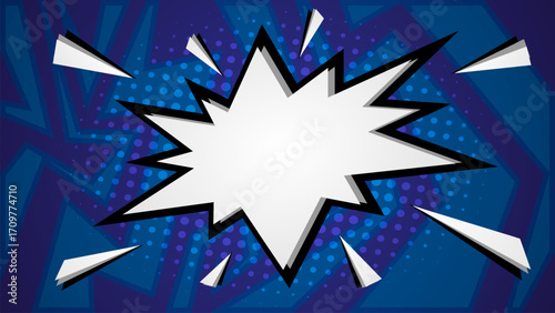 Pop art halftone background. Comic starburst pattern. blue banner with star speech bubble. Vintage duo tone texture. Gradient wow design. Cartoon superhero wallpaper.