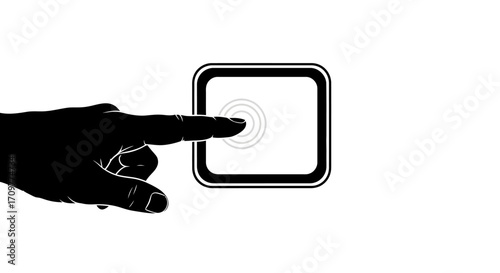 Silhouette of a hand reaching out to touch a blank screen, representing digital interaction and technology.