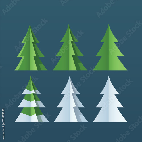 winter pine trees with snow in set