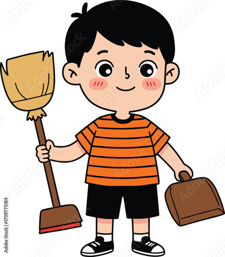 Cute boy holding broom and dustpan, cleaning tools, striped shirt, black shorts, cartoon kid, smiling child, housekeeping vector illustration