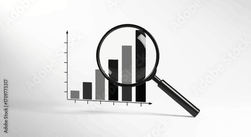 Magnifying glass revealing upward trend on a business bar chart, symbolizing growth and analysis.