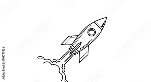 Dynamic rocket launching into the sky with trailing smoke, symbolizing exploration and progress.